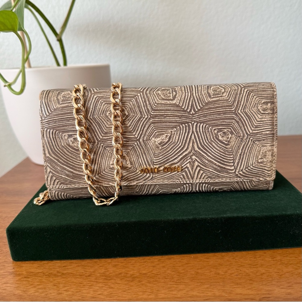 Miu Miu Tortoise Embossed Bifold Long Wallet Tan Brown Beige Cream Crossbody